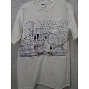 Victorian House Applique White T Shirt Size Large Purple Backing Vintage OOAK